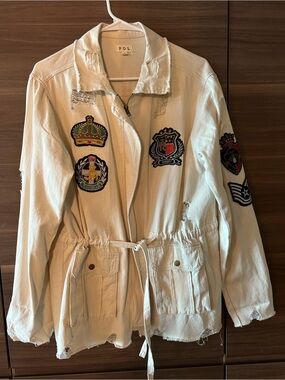POL Cream Distressed Patch Utility Jacket with Drawstring Waist